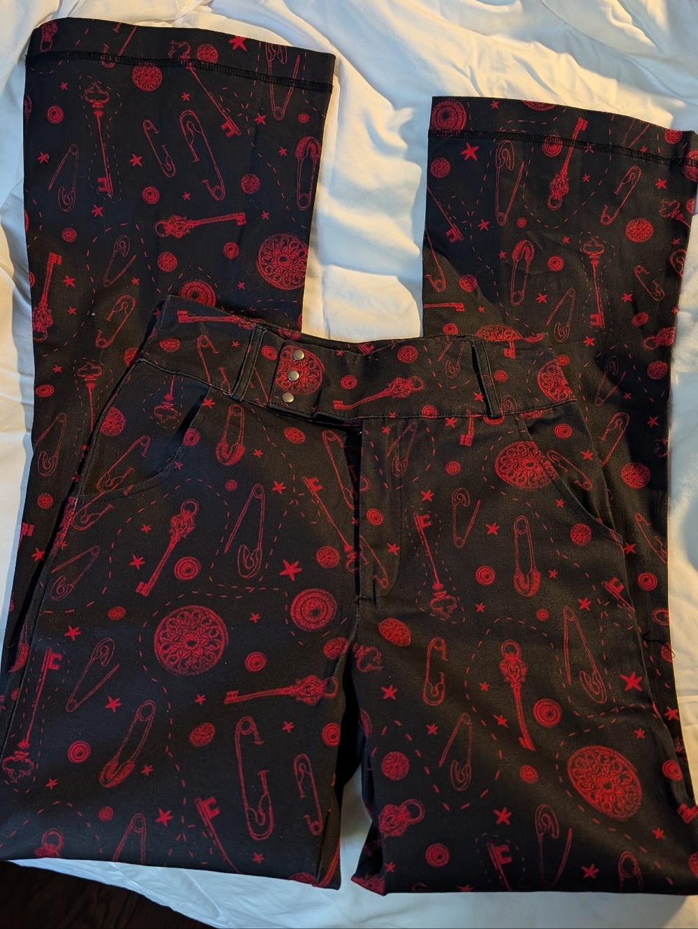 Black Friday Lock Picker Pants with Red Safety Pin & Key Print